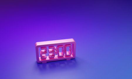Pink Digital alarm clock icon isolated on purple-blue background. Electronic watch alarm clock. Time icon. Minimalism concept. 3D render illustration.の写真素材