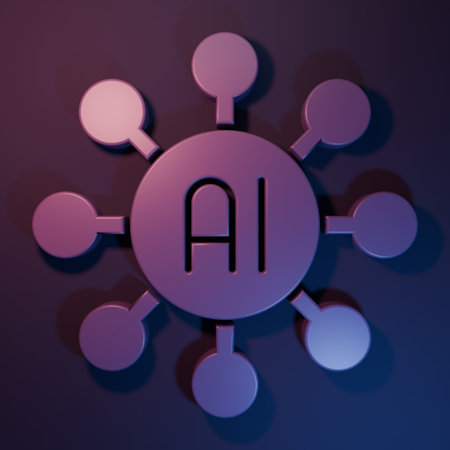Purple Neural network icon isolated on purple-blue background. Artificial intelligence AI. Minimalism concept. 3D render illustration.の写真素材