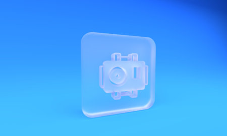 Frosted glass Photo camera for diver icon isolated on blue background. Photo camera icon. Diving underwater equipment. Square frosted glass button. 3D render illustration.の写真素材