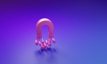 Pink Magnet with money icon isolated on purple-blue background. Concept of attracting investments, money. Big business profit attraction and success. Minimalism concept. 3D render illustration.の写真素材
