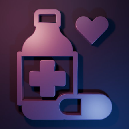 Purple Medicine bottle and pills icon isolated on purple-blue background. Bottle pill sign. Pharmacy design. Minimalism concept. 3D render illustration.の写真素材