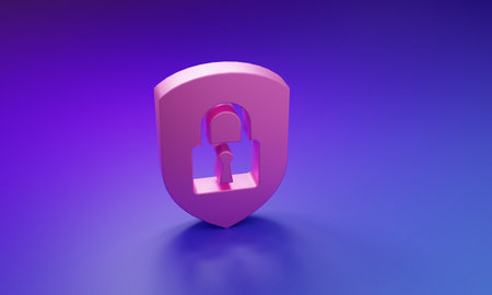 Pink Shield security with lock icon isolated on purple-blue background. Protection, safety, password security. Firewall access privacy sign. Minimalism concept. 3D render illustration.の写真素材