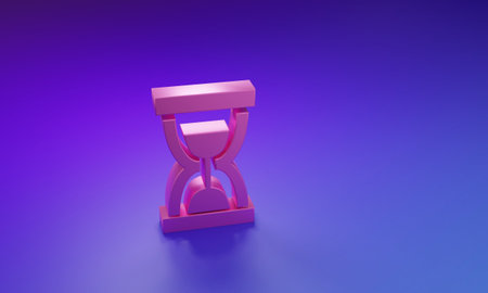 Pink Old hourglass with flowing sand icon isolated on purple-blue background. Sand clock sign. Business and time management concept. Minimalism concept. 3D render illustration.の写真素材