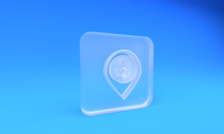 Frosted glass Map pointer with anchor icon isolated on blue background. Square frosted glass button. 3D render illustration.の写真素材