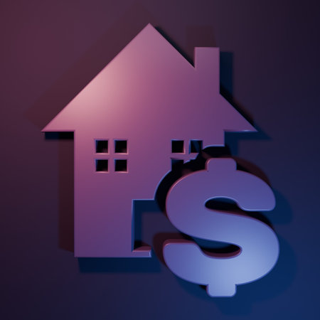 Purple House with dollar symbol icon isolated on purple-blue background. Home and money. Real estate concept. Minimalism concept. 3D render illustration.の写真素材