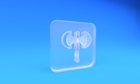 Frosted glass Medieval poleaxe icon isolated on blue background. Square frosted glass button. 3D render illustration.の写真素材