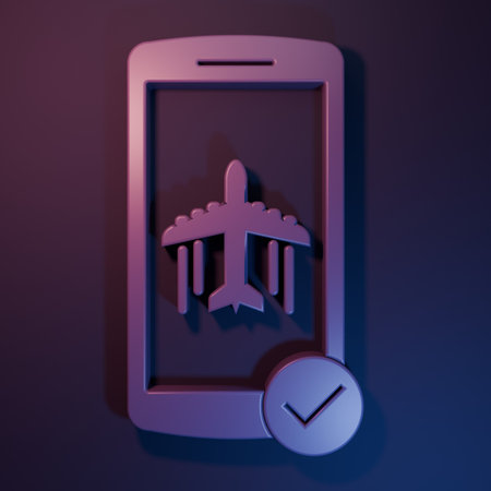 Purple Flight mode in the mobile phone icon isolated on purple-blue background. Airplane or aeroplane flight offline mode passenger regulation airline. Minimalism concept. 3D render illustration.の写真素材