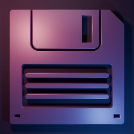 Purple Floppy disk for computer data storage icon isolated on purple-blue background. Diskette sign. Minimalism concept. 3D render illustration.の写真素材