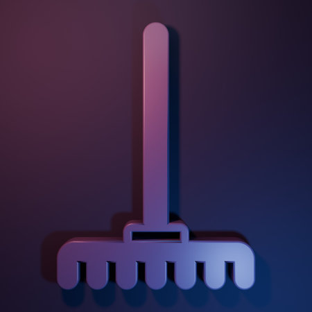 Purple Garden rake icon isolated on purple-blue background. Tool for horticulture, agriculture,...