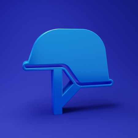 Blue Military helmet icon isolated on blue background. Army hat symbol of defense and protection. Protective hat. Minimalism concept. 3D render illustration.の写真素材