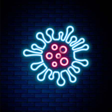 Glowing neon line Bacteria icon isolated on brick wall background. Bacteria and germs, microorganism disease causing, cell cancer, microbe, virus, fungi. Colorful outline concept. Vector.のイラスト素材