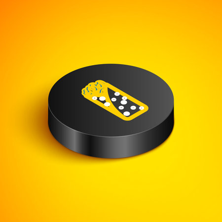 Isometric line Burrito icon isolated on yellow background. Traditional Mexican fast food. Black circle button. Vector.のイラスト素材