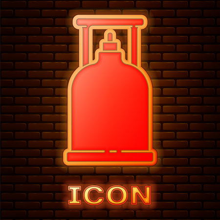 Glowing neon Camping gas stove icon isolated on brick wall background. Portable gas burner. Hiking, camping equipment. Vector Illustration.のイラスト素材