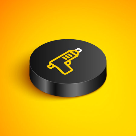Isometric line Electric cordless screwdriver icon isolated on yellow background. Electric drill machine. Repair tool. Black circle button. Vector.のイラスト素材