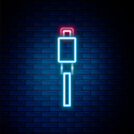 Glowing neon line USB cable cord icon isolated on brick wall background. Connectors and sockets for PC and mobile devices. Colorful outline concept. Vector.のイラスト素材