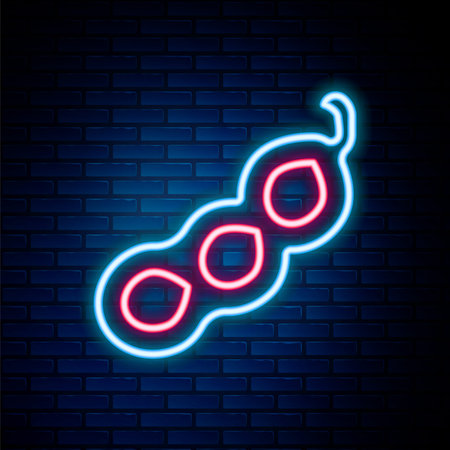 Glowing neon line Green peas icon isolated on brick wall background. Colorful outline concept. Vector.のイラスト素材