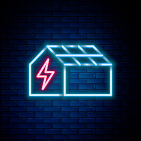Glowing neon line Solar energy panel icon isolated on brick wall background. Colorful outline concept. Vector.のイラスト素材