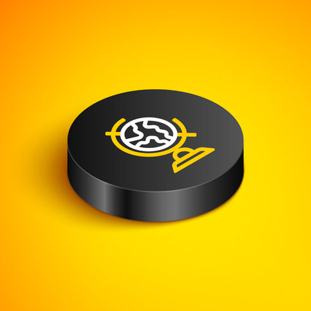 Isometric line Earth globe icon isolated on yellow background. Black circle button. Vector.のイラスト素材