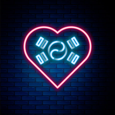 Glowing neon line Love Korea emblem with heart in national flag icon isolated on brick wall background. Colorful outline concept. Vector.のイラスト素材
