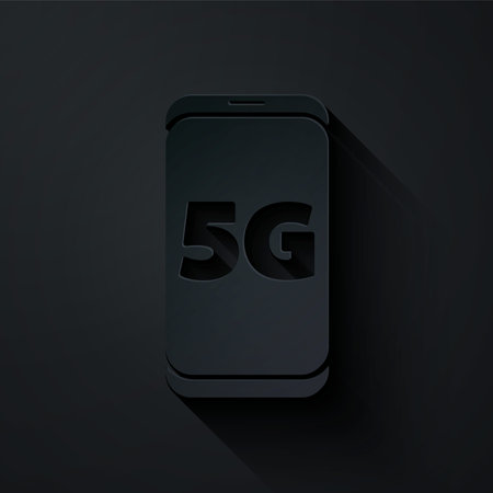 Paper cut Mobile with 5G new wireless internet wifi icon isolated on black background. Global...