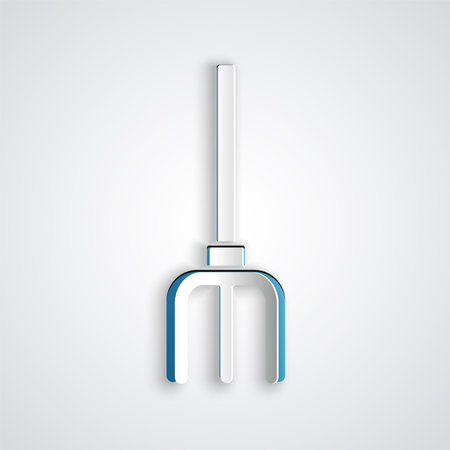 Paper cut Garden pitchfork icon isolated on gray background. Garden fork sign. Tool for horticulture, agriculture, farming. Paper art style. Vector.のイラスト素材