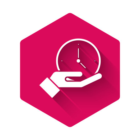 White Clock icon isolated with long shadow. Time symbol. Pink hexagon button. Vector.のイラスト素材
