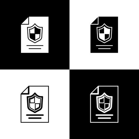 Set Contract with shield icon isolated on black and white background. Insurance concept. Security, safety, protection, protect concept. Vector..のイラスト素材