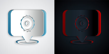 Paper cut Circular saw blade icon isolated on gray and black background. Saw wheel Paper art style. Vector.のイラスト素材