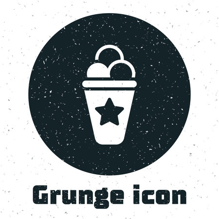 Grunge Ice cream in waffle cone icon isolated on white background. Sweet symbol. Monochrome vintage drawing. Vector.のイラスト素材
