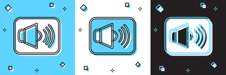 Set Speaker volume, audio voice sound symbol, media music icon isolated on blue and white, black background. Vector.のイラスト素材