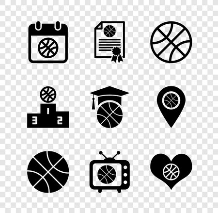 Set Basketball on sport calendar Certificate basketball award match tv Heart with Sports winner podium and training icon. Vector.のイラスト素材