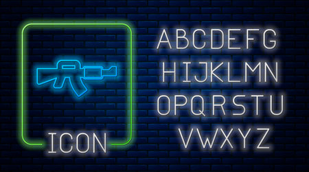Glowing neon M16A1 rifle icon isolated on brick wall background. US Army M16 rifle. Neon light alphabet. Vector.のイラスト素材