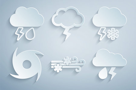 Set Wind and snow Cloud with lightning Tornado rain Storm and icon. Vector.のイラスト素材