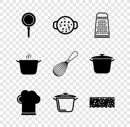 Set Frying pan Cooking soup pot Grater Chef hat Sponge with bubbles and Kitchen whiskey icon. Vector.のイラスト素材