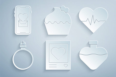 Set Photo frames and hearts Heart rate Diamond engagement ring Bottle with love potion Wedding cake and Mobile icon. Vector.のイラスト素材