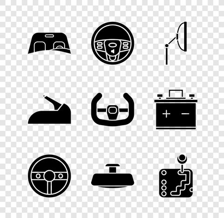 Set Car windscreen Steering wheel Windscreen wiper mirror Gear shifter handbrake and Sport steering icon. Vector.のイラスト素材