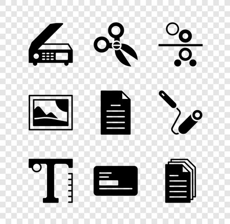 Set Scanner Scissors Paper roll of printing press Text Business card File document Picture landscape and icon. Vector.のイラスト素材