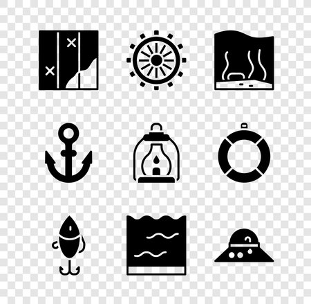 Set Folded map Ship steering wheel Aquarium Fishing lure Fisherman hat Anchor and Camping lantern icon. Vector.のイラスト素材