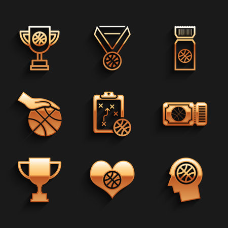 Set Planning strategy Heart with basketball ball Thoughts on Basketball game ticket Award cup Hand and icon. Vector.のイラスト素材