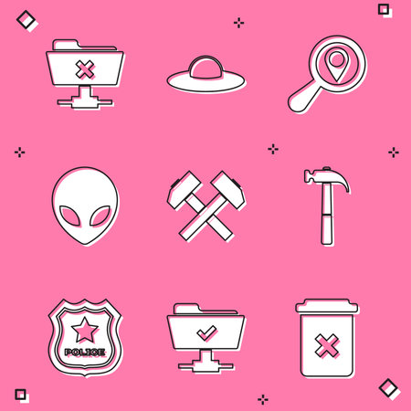 Set FTP cancel operation UFO flying spaceship Search location Alien Two crossed hammers and Hammer icon. Vector.のイラスト素材