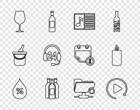 Set line Water drop percentage Video play button Music book with note Bottles of wine Wine glass Headphone for support FTP sync refresh and Burning candle icon. Vector.のイラスト素材