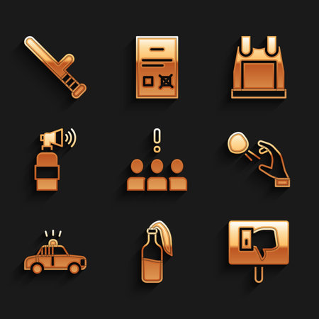 Set Crowd protest Cocktail molotov Protest Hooligan shooting stones Police car and flasher Air horn Bulletproof vest and rubber baton icon. Vector.のイラスト素材