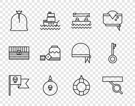 Set line Pirate flag with skull eye patch Boat oars Bomb ready to explode sack game dice Lifebuoy and key icon. Vector.のイラスト素材
