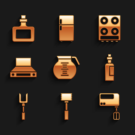 Set Coffee pot Kitchen hammer Electric mixer Bottle olive oil Barbecue fork extractor fan Gas stove and Sauce bottle icon. Vector.のイラスト素材