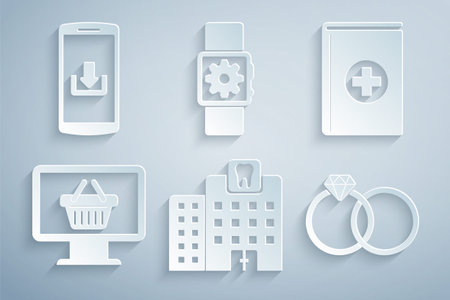 Set Dental clinic Medical book Monitor with shopping basket Wedding rings Smartwatch setting and Smartphone download icon. Vector.のイラスト素材