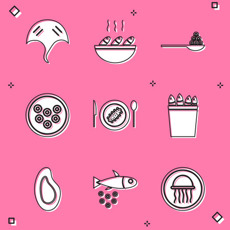 Set Stingray Fish soup Caviar on spoon plate Served cucumber Fishing bucket with fishes Mussel and caviar icon. Vector.のイラスト素材