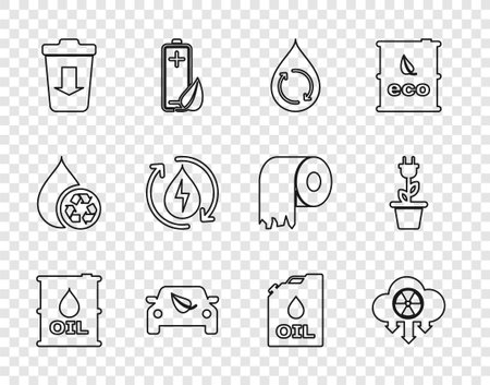 Set line Oil barrel Acid rain and radioactive cloud Recycle clean aqua Eco car drive with leaf Send to the trash Canister machine oil and Electric saving plug pot icon. Vector.のイラスト素材
