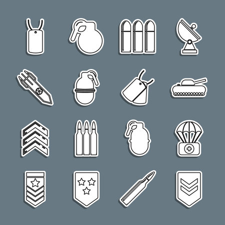 Set line Chevron Parachute with first aid kit Military tank Bullet Hand grenade Nuclear rocket dog tag and tags icon. Vector.のイラスト素材