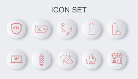 Set line Sex shop building Laptop with 18 plus content Anal beads Shopping bag triple X Shield Disc inscription Dildo vibrator and Male and female heart icon. Vector.のイラスト素材