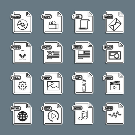 Set line MP3 file document MOV BMP JS DOC OGG WMA and PDF icon. Vector.のイラスト素材